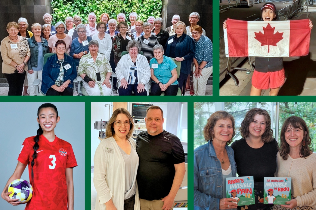 A collage of rectangle photos lined with green borders showing alumni in different settings, including a large group photo of 30 alumni, an alumna holding the Canadian flag after running a race, an alumna in a team Canada jersey holding a futsal ball, two alumni that are married, and three alumni holding children’s books. 