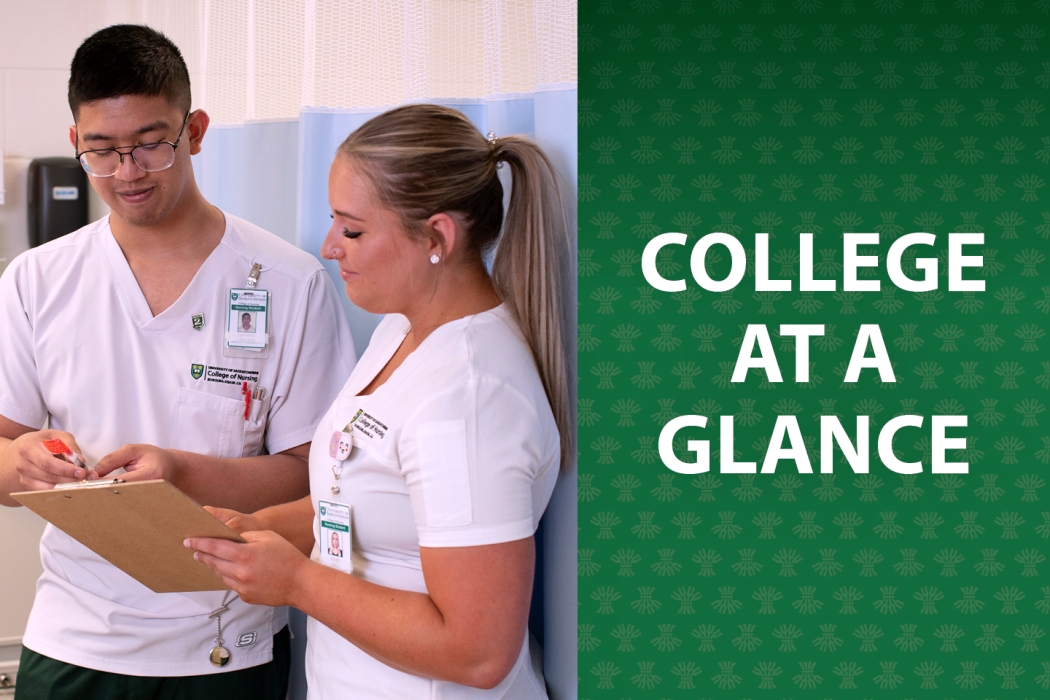 A male student with glasses and a female student both in white USask College of Nursing scrubs discussing medication on a clipboard, while in a clinic room, alongside a green patterned background with repeating wheat sheaf motif and large white text reading “College at a Glance.