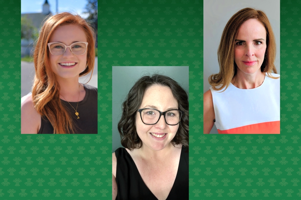 Collage of three individual portrait photos arranged on a green patterned background, each showing a person in a head-and-shoulders view; one outdoors with greenery, one against a neutral backdrop, and one against an indoor background, all centered within separate rectangular frames.
