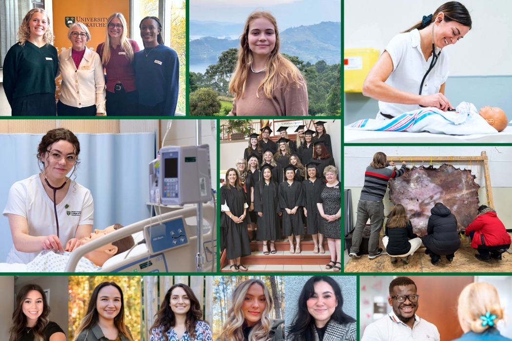 Collage of images showing nursing students and faculty in clinical, academic, and community settings, including hands-on training with medical mannequins, a graduation group, community-based cultural activity, and individual portraits, arranged on a green background with dividing borders.