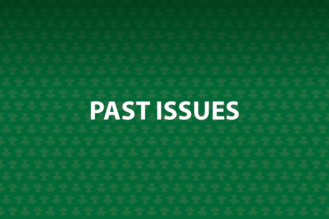 Green patterned background with repeating wheat sheaf motif and large white text reading “Past Issues”.