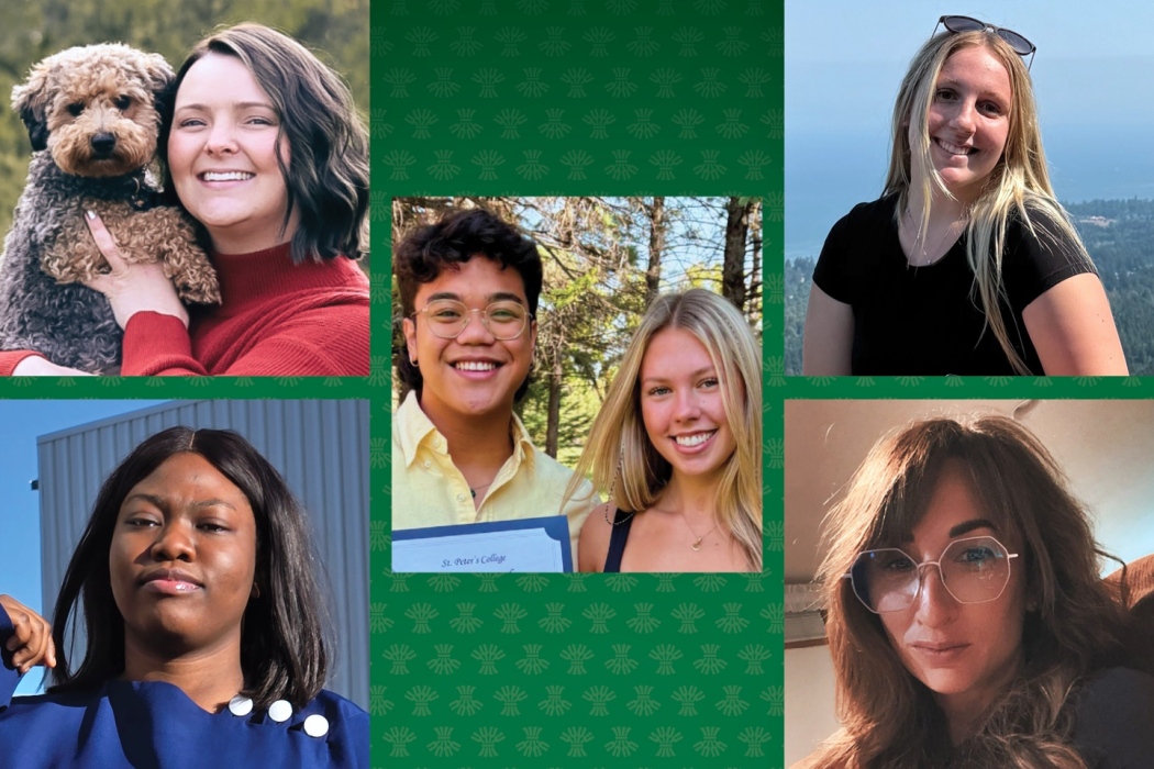 Collage of portrait photos showing several individuals in different settings, including one holding a small dog, two holding a certificate outdoors, and others in casual or professional environments, arranged on a green patterned background.